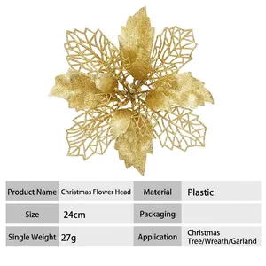 24cm Gold glitter artificial poinsettia flower head for Christmas tree decoration