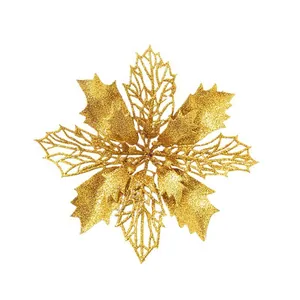 Glittery golden double-layer artificial poinsettia flower for Christmas tree decoration