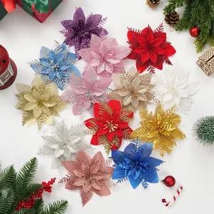 Glitter Artificial Christmas Poinsettia Flowers For Christmas Tree Decoration Home Holiday Party Festive Floral Ornament