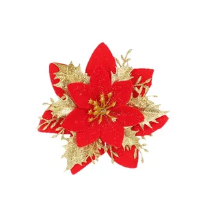 Elegante fiore di stella di Natale artificiale rosso e oro per decorazioni natalizie