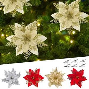 Glitter artificial poinsettia Christmas flowers for tree decoration set with clips