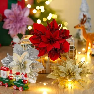 Fiori di Natale Artificiali Stelle di Natale Ornamenti Polvere Glitterata Mimosa in Plastica per Albero di Natale Festa