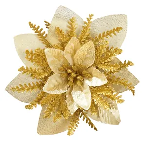 Fiore di poinsettia artificiale dorato scintillante per la decorazione dell'albero