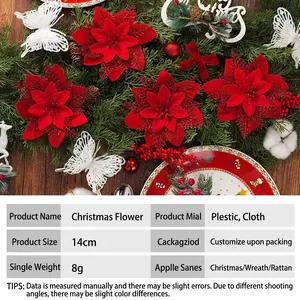 14cm red artificial glitter Christmas poinsettia flowers for tree decoration and festive home decor