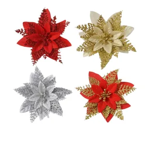 Set of four artificial glitter Christmas flowers for holiday tree and home decoration