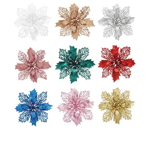 Glitter Christmas Poinsettia Flowers For Christmas Tree Decoration Hollow Out Simulation Flowers With Gold Powder For DIY Craft Holiday Home Decor