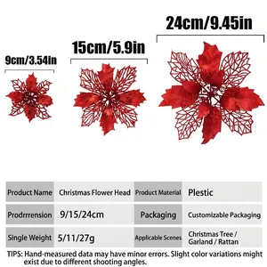 Red glitter artificial Christmas poinsettia flowers in three sizes for tree decor