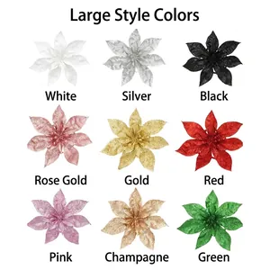 Glitter plastic Christmas flower heads available in nine vibrant colors for holiday decor.