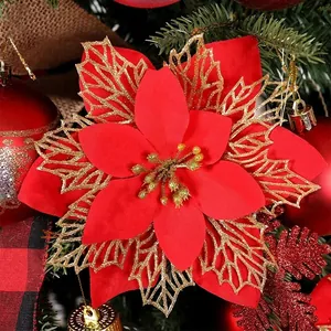 Fiore di stella di Natale artificiale rosso con glitter oro per albero