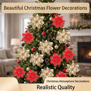 Set di stelle di Natale artificiali rosse e champagne con glitter per albero di Natale