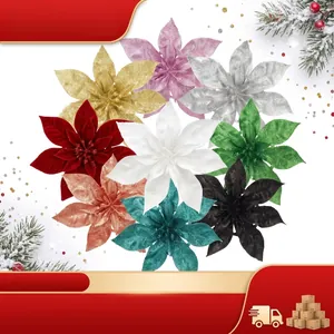 Artificial Poinsettia Christmas Flowers Glitter Plastic Flower Heads For Christmas Tree Decoration DIY Floral Craft Wedding Party Ornament