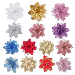 Fiori di poinsettia artificiali glitterati multicolore per albero di Natale e ghirlande