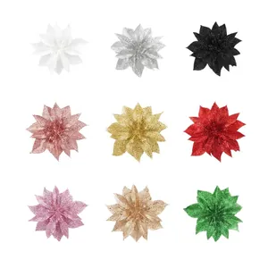 Set of 9 colorful glitter poinsettia flower heads for festive Christmas tree decoration