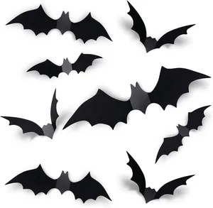 3D black bat wall stickers for Halloween party decorations and home scene layout.