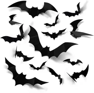 Set of 3D black decorative bats for Halloween party scene wall decor stickers pack