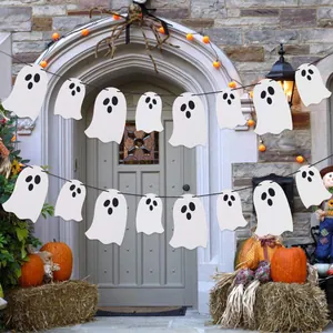 Halloween Party Decoration Pearlescent White Ghost Garland Spooky Paper Banner For Home Yard Festive Indoor Outdoor Decor