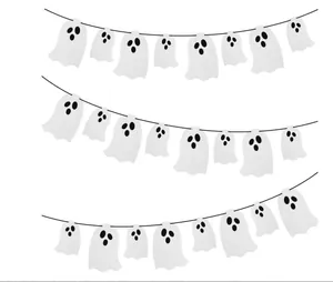 A detailed view of this Halloween felt garland featuring cute hanging white ghosts on strings