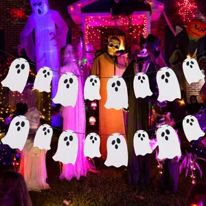White two-tier Halloween ghost paper garland banner for spooky outdoor party decorations