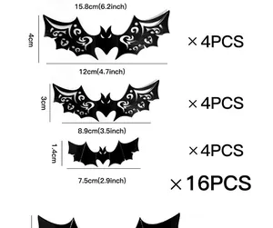 Set aus schwarzen 3D-Fledermaus-Wandtattoos für Halloween inklusive Maßen und Mengen