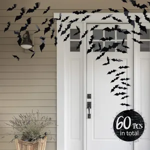 Decorative 3D black bat wall decals 60 pieces set for Halloween home front door layout