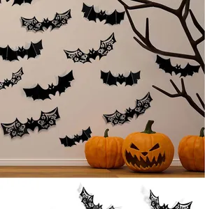 Set kreativer 3D-Halloween-Fledermaus-Wandaufkleber in Schwarz mit Hohl- und Solid-Designs