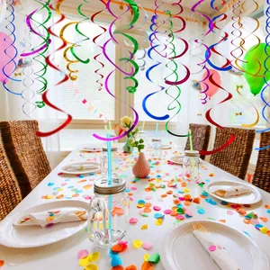 Colorful PVC spiral hanging decorations for festive party ceiling decor in a bright room