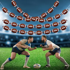 Rugby themed party banner decoration hanging in a stadium atmosphere setting for kids.
