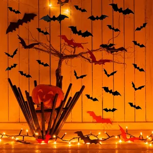 3D black and red bat wall stickers for spooky Halloween party scene decoration layout