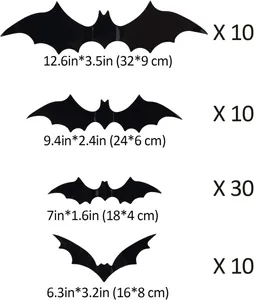 Dimensions and quantities of 3D black bat wall stickers for Halloween party decor.