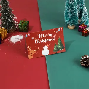 Carte de vœux rouge Merry Christmas avec bonhomme de neige et renne, décor de fête