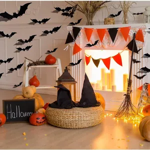 3D Halloween black bat wall stickers and static window decals for holiday party decor