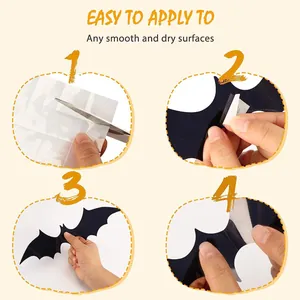 Four-step guide for applying DIY black bat wall stickers for Halloween party decoration