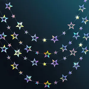 Iridescent Laser Hollow Star Garland Hanging Decoration Colorful Holographic Stars For Birthday Party Wedding Background Ornament