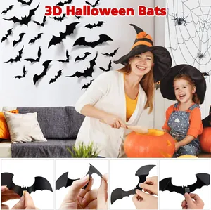 3D Halloween bat wall stickers with decorative scene and step-by-step usage guide.