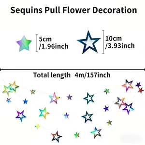 Iridescent star garland detail showing 4m total length and 5cm/10cm star sizes for party decor.