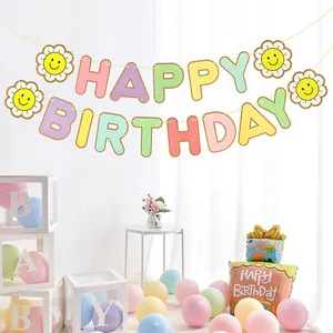 Macaron Sunflower Happy Birthday Banner Colorful Letter Paper Hanging Garland Set For Baby Shower Birthday Party Decoration