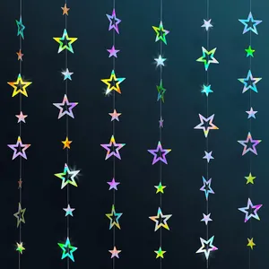 Detailed view of iridescent holographic star garland with hollow and solid stars