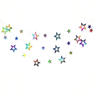 Iridescent colorful hollow pentagram star garland hanging decorations for birthday parties