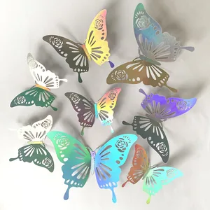 Detail view of laser hollowed-out butterfly stickers with iridescent rainbow reflections
