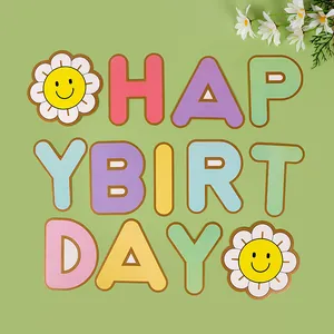 Macaron colorful Happy Birthday banner with smiley sunflower daisy party decorations