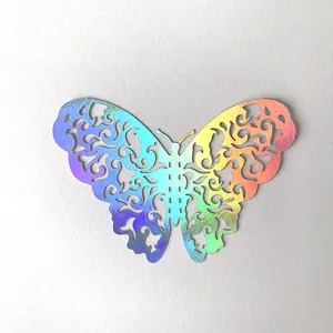 Close-up of holographic hollow butterfly wall sticker with iridescent laser effect