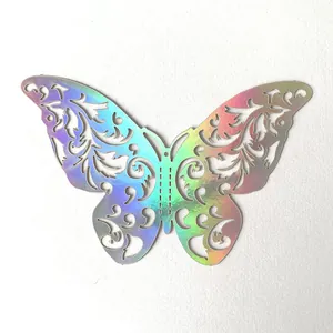 Macro detail of laser-cut holographic butterfly wall sticker with iridescent finish