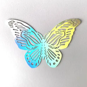 Close-up of laser hollow-out butterfly sticker with vibrant holographic gradient effect