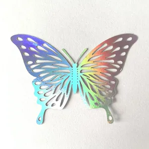 Detailed macro view of a holographic laser hollow butterfly wall sticker with rainbow effect