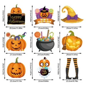 Dimensions detail of 9 Halloween party hanging decorations including pumpkins and witch hats