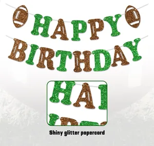 Macro detail showing shiny glitter texture of football themed Happy Birthday party banner