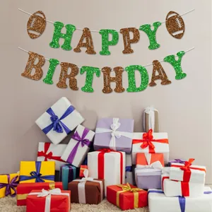 Glitter football themed Happy Birthday banner for sports party wall decorations.