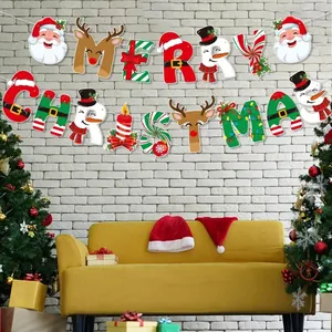Festive MERRY CHRISTMAS cartoon letter banner hanging on a white brick wall décor