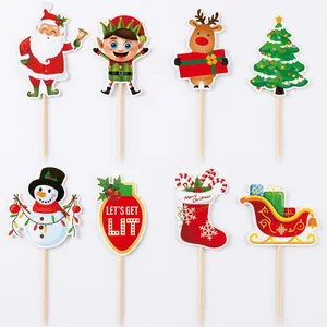 Set of 8 cartoon Christmas cake toppers with Santa, reindeer, and snowman designs