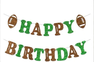 Glitter football theme Happy Birthday banner for party decorations.